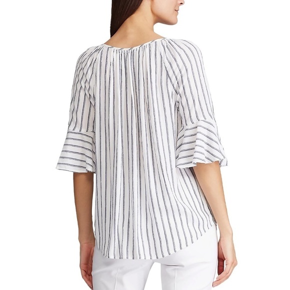 Chaps Ruffled Short Sleeve Peasant Blouse Blue White Striped Large - Picture 11 of 11